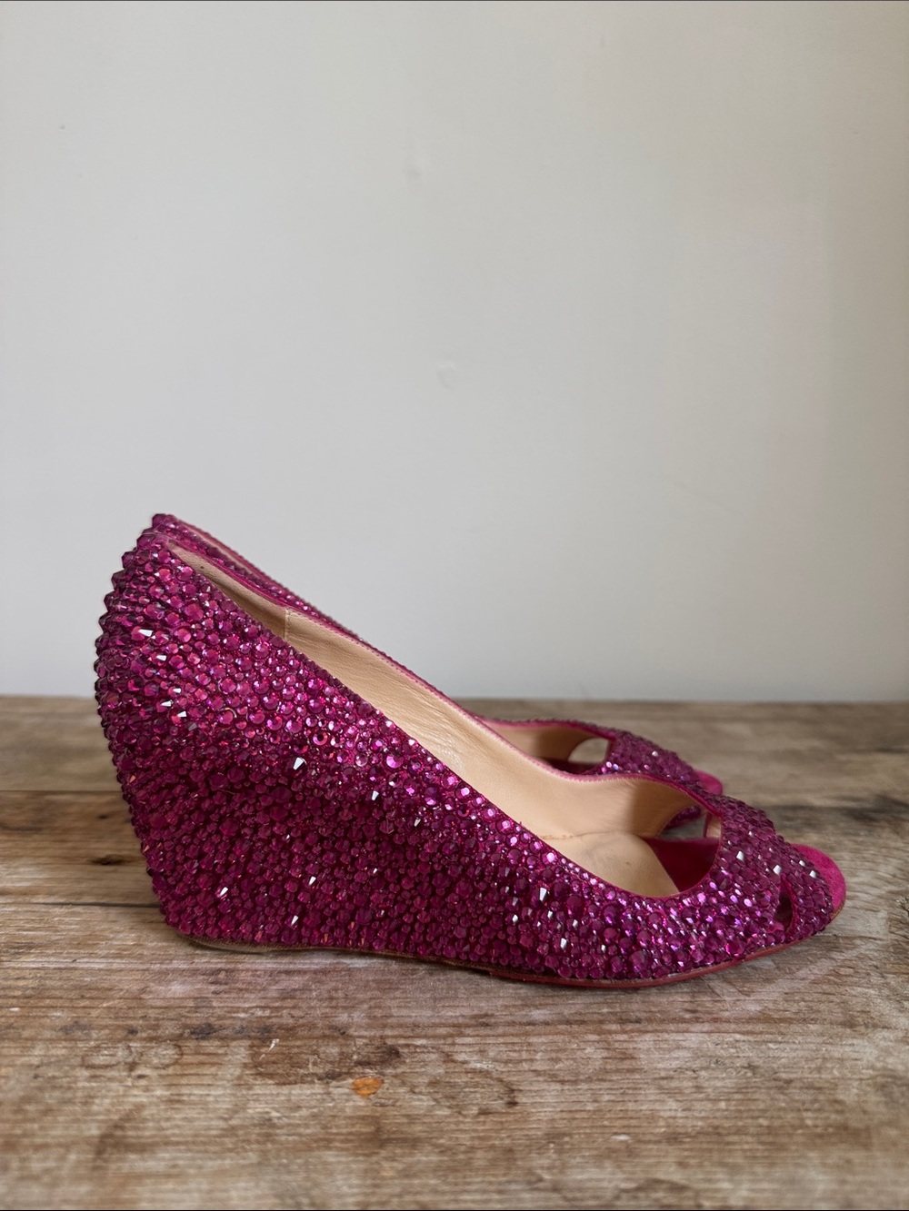 Christian Louboutin 35.5 Riveto Pink Rhinestone Strass Wedge Fuchsia